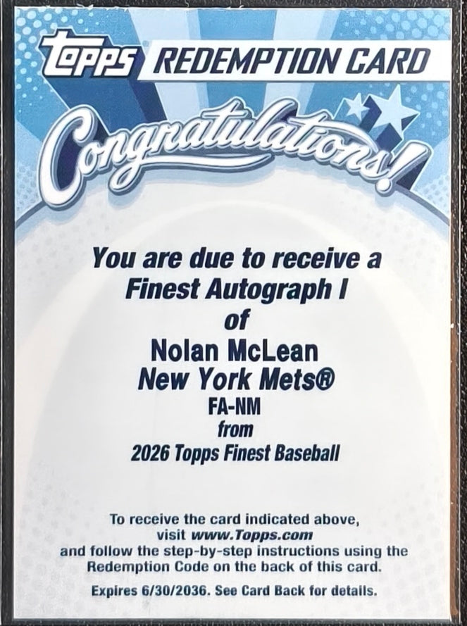 NOLAN MCLEAN RC – NEW YORK METS – 2026 TOPPS FINEST – AUTOGRAPH REDEMPTION