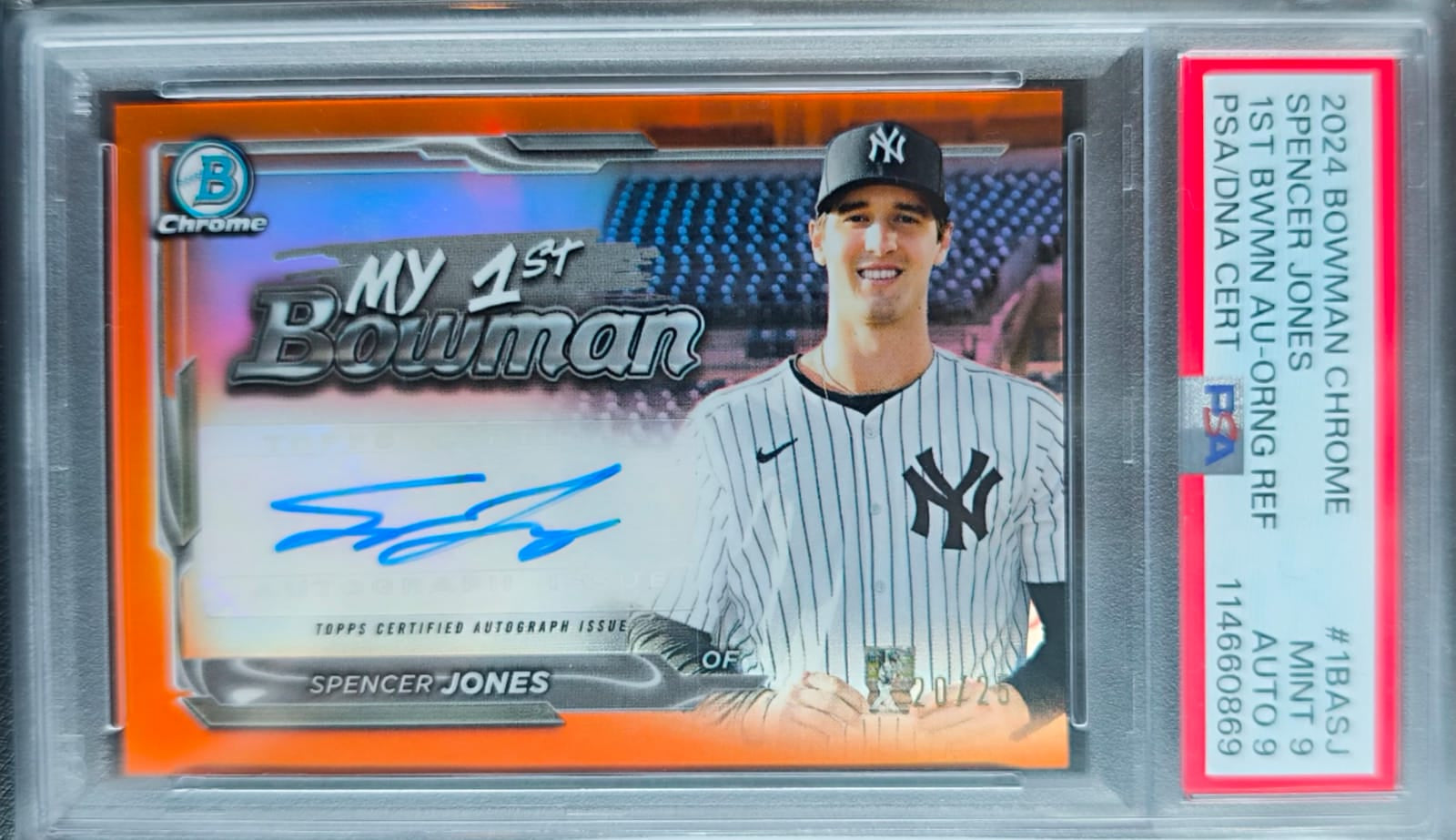 Spencer Jones My 1st Bowman Auto Orange Refractor /25 PSA 9 Auto 9 – 2024 Bowman Chrome