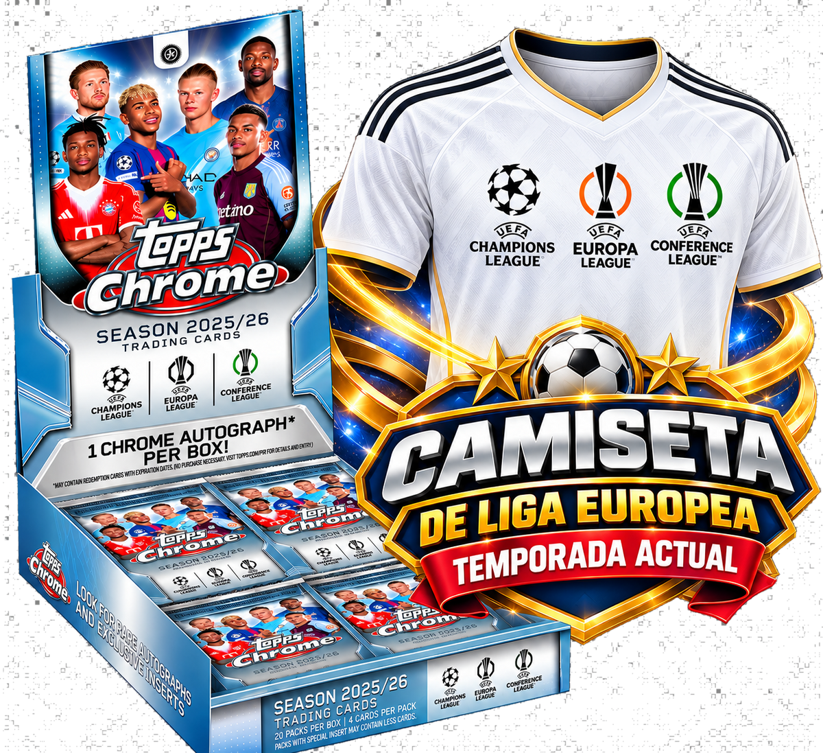 TOPPS CHROME UEFA CLUB COMPETITIONS 2025/26 Hobby Box +  CAMISETA DE LIGA EUROPEA | Random Team